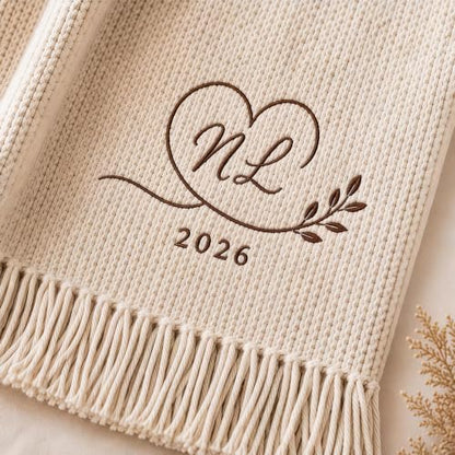 Personalized Knitted Throw Blanket with Embroidery & Tassel Edges - Wedding Gift