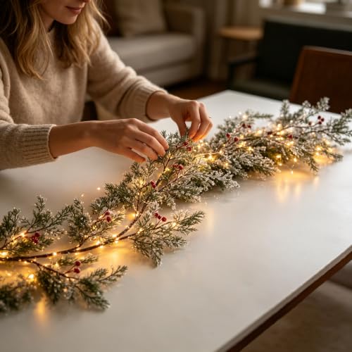 Pre-Lit Christmas Cedar Garland with Red Berries 6ft with Timer, Indoor Holiday Decor