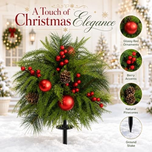 Artificial Christmas Topiary Ball Trees 23 Inch Set of 2 with Red Ornament - Outdoor Decor