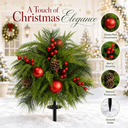 Artificial Christmas Topiary Ball Trees 23 Inch Set of 2 with Red Ornament - Outdoor Decor
