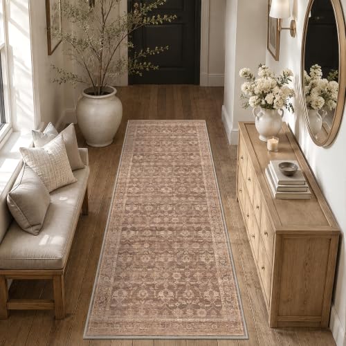 Mutated Terracotta 2'7" x 8' Vintage Floral Rug - Washable & Soft