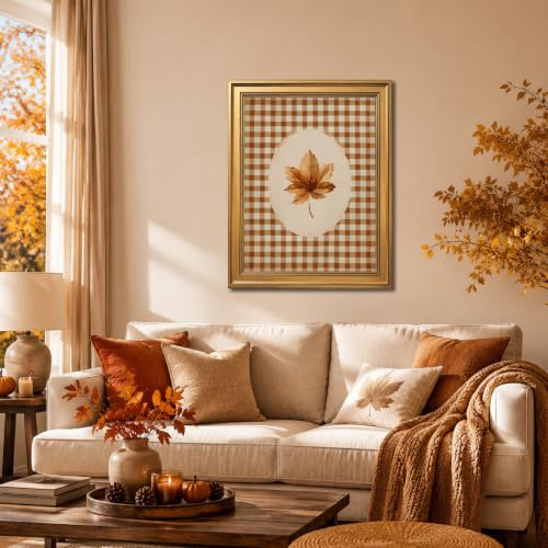 8x10 Inch Autumn Leaf Canvas Wall Art Print - Rustic Gingham Fall Botanical Cozy Decor