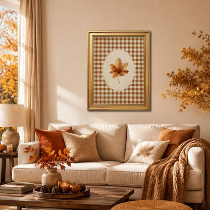 8x10 Inch Autumn Leaf Canvas Wall Art Print - Rustic Gingham Fall Botanical Cozy Decor