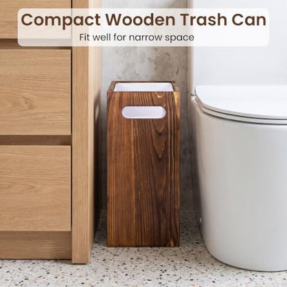 Small Wooden Trash Can with Liner - Acacia 3 Gallon Waste Basket for Small Spaces