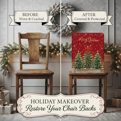 Red & Green Christmas Tree Chair Covers Set of 6 - Snowflake Balls Holiday Slipcovers
