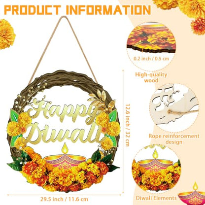 Diwali Wreath - Wooden Happy Diwali Decoration for Front Door & Wall, 13x11.4 Inches