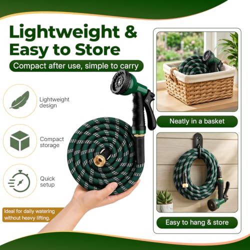 Dark Green 100 ft Upgraded Kink-Free Flexible Garden Hose with 10 Pattern Spray Nozzle