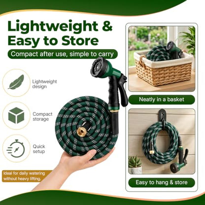 Dark Green 100 ft Upgraded Kink-Free Flexible Garden Hose with 10 Pattern Spray Nozzle
