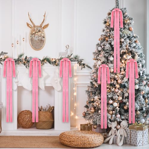 Pink Velvet Christmas Bow Ornaments Set of 6 - Long Holiday Tree Decor
