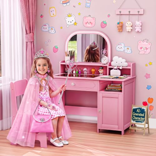 Kids Vanity Set Pink with Mirror Lights and Storage - Toddler Girl Dress Up Desk - All Pink