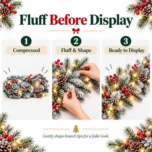 9FT Artificial Christmas Garland with Warm White Lights, Pine Cones & Red Berries