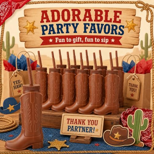 Brown Cowboy Boot Cups with Lids & Straws - 11oz Western Party Set - 12 Pack