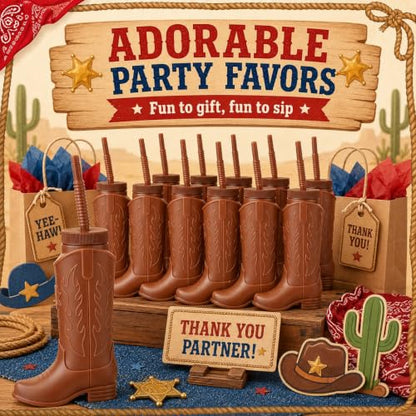 Brown Cowboy Boot Cups with Lids & Straws - 11oz Western Party Set - 12 Pack