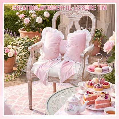 Pink Bow Pillow Set - Ruffled Dutch Velvet Decorative Cushions for Girls Room