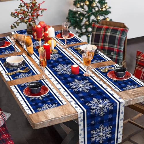Christmas Blue Snowflake Table Runner and Placemats Set of 6 - Holiday Dining Decor