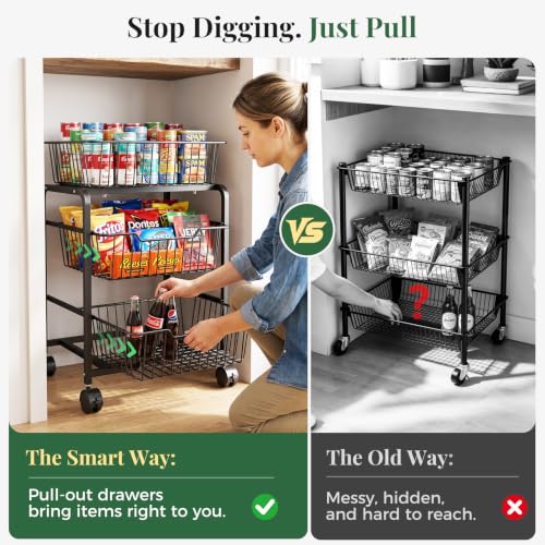 3-Tier Pull-Out Rolling Pantry Organizer with Wheels - Adjustable Storage Cart - Variation 1
