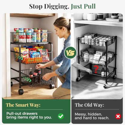 3-Tier Pull-Out Rolling Pantry Organizer with Wheels - Adjustable Storage Cart - Variation 1