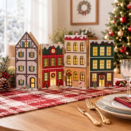 Foldable Wooden Christmas Village Decor with Built-in LED Lights - Rustic Holiday Scene