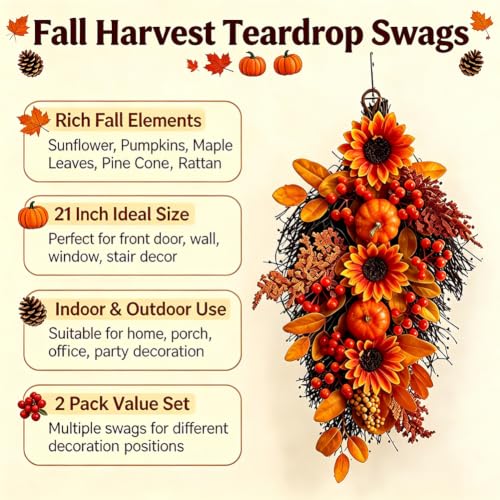 2 Pack Fall Harvest Teardrop Swags for Front Door - Autumn Decor