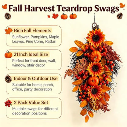 2 Pack Fall Harvest Teardrop Swags for Front Door - Autumn Decor