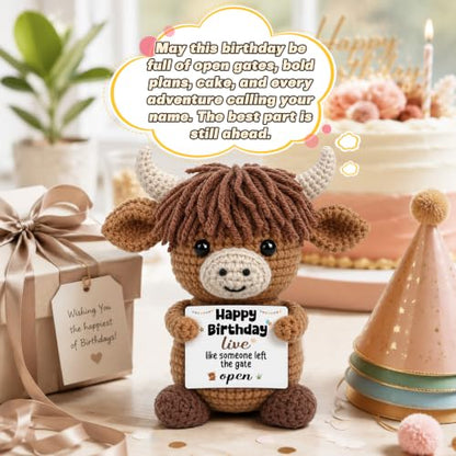 Highland Cow Birthday Decorations for Women Men - Cheeky Crocheted Gift with Card - Variation of Birthday