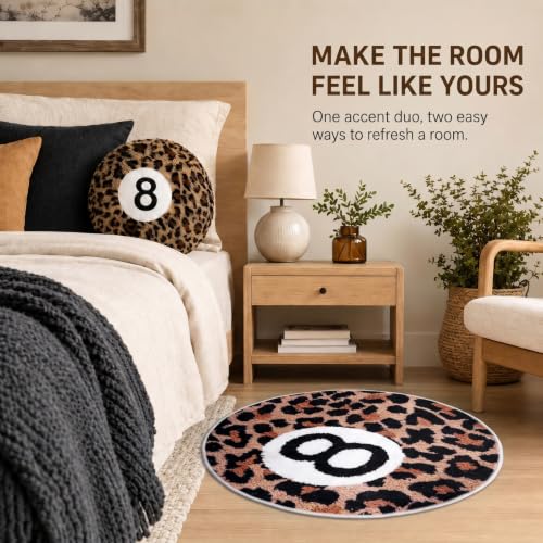 Cheetah Print 8 Ball Rug and Throw Pillow Set - Circular Home Decor for Teen Dorm