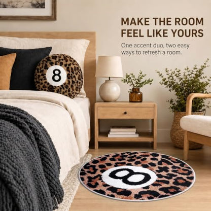Cheetah Print 8 Ball Rug and Throw Pillow Set - Circular Home Decor for Teen Dorm