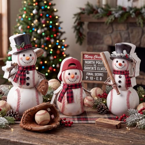 3 Pcs Baseball Snowman Christmas Figurines - Farmhouse Holiday Decor