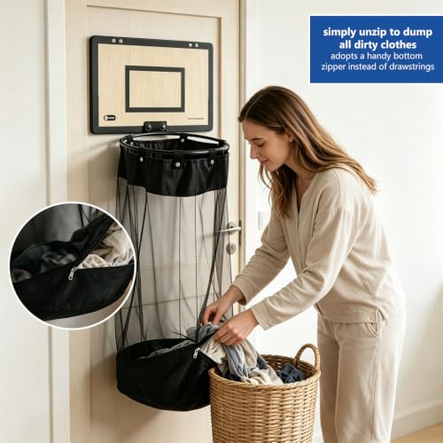 Wooden Basketball Laundry Hamper with Over-the-Door Hoop - Space-Saving Organizer
