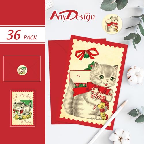 Christmas Greeting Cards with Envelopes Stickers - Vintage Cat Blank Note Cards Set