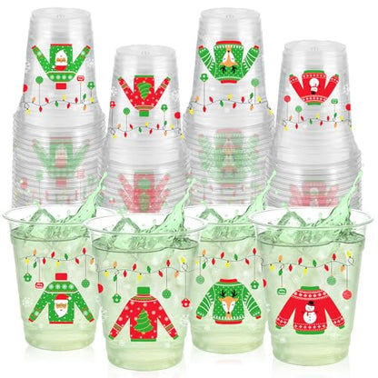 Ugly Sweater Christmas Plastic Cups 50 Pack 12oz Party Supplies - Light Strip Printed