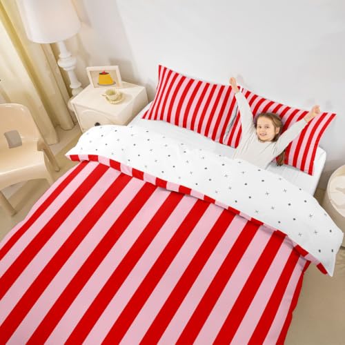 Manfei Red Pink Stripes Kids Duvet Cover Set Queen Size - Abstract Geometric Bedding