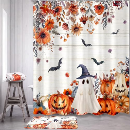 Halloween Floral Shower Curtain Set with Ghosts Pumpkins & Flowers - Tiamon