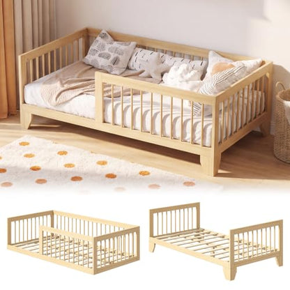 Twin Montessori Floor Bed for Kids with Removable Rails - Burlywood