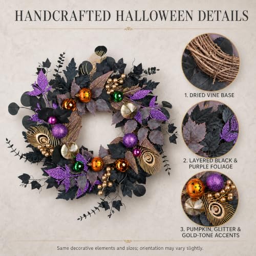 Halloween Wreath with Lights 22-Inch Black and Purple Front Door Decor