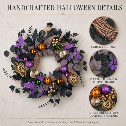 Halloween Wreath with Lights 22-Inch Black and Purple Front Door Decor