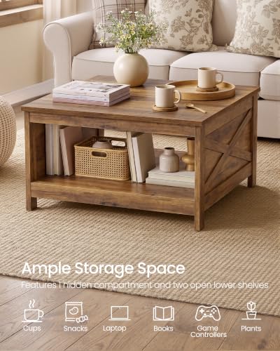 VASAGLE Lift Top Square Coffee Table with Storage - Honey Brown, 31.5"D x 31.5"W x 17.9"H