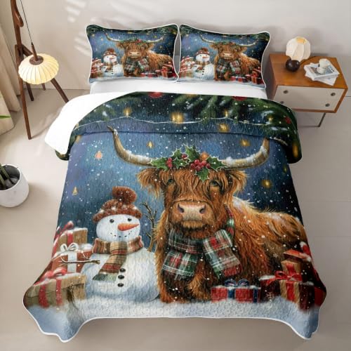 Christmas Highland Cattle King Quilt Bedding Set - White & Brown, 3 Pieces
