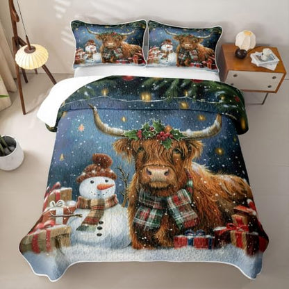 Christmas Highland Cattle King Quilt Bedding Set - White & Brown, 3 Pieces