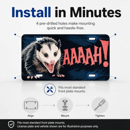 Funny Animal Humor Aluminum License Plate - Screaming Opossum Variation
