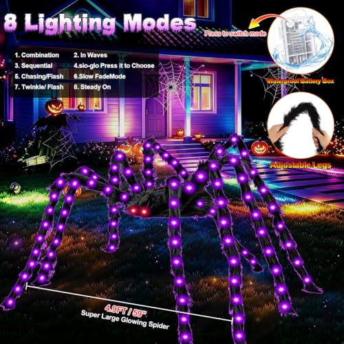 Outdoor Halloween Spider Web Lights with 250 LEDs and Purple Spider - Dark Purple Web Edition