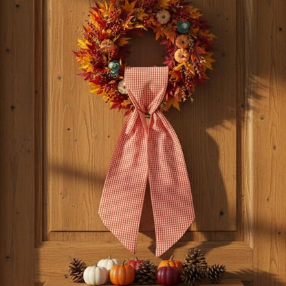 Orange Buffalo Plaid Fall Sash for Front Door Wreath DIY Embroidery 5x54 Inches - Autumn Thanksgiving Porch Decor