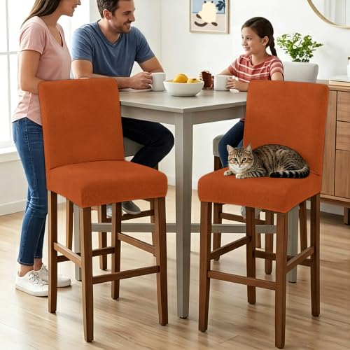 Set of 4 Autumn Burnt Orange Stretch Bar Stool Covers - Washable Counter Height Slipcovers for Dining & Bar Areas