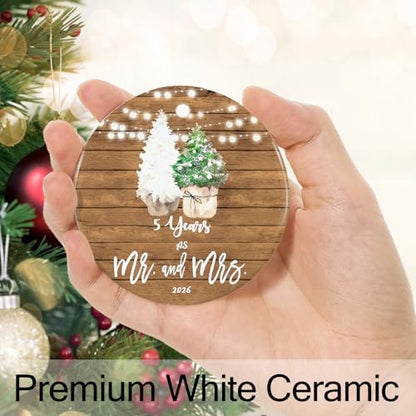 5th Anniversary Ornament for Couple - 5 Year Wedding Keepsake Gift - Mr & Mrs Decor - 2.9 Inch Ceramic Decoration - Gold Hanging String - 2026