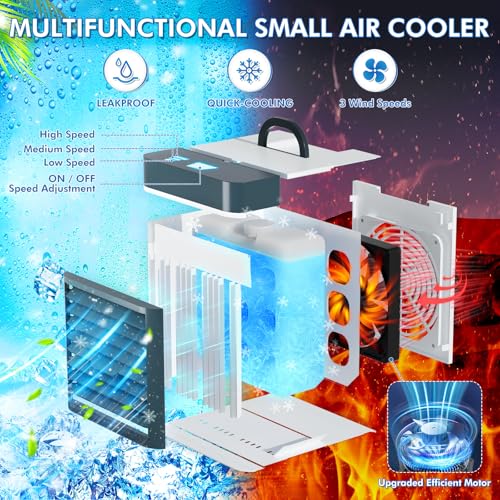 White Portable Air Conditioner, Mini Cooler with 3 Speeds, Anti-Leak Ice Personal AC for Room Desk Office Tent