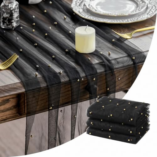 3-Pack 28x120 Inch Pearl Black Gauze Table Runners - Elegant Home Decor