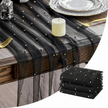 3-Pack 28x120 Inch Pearl Black Gauze Table Runners - Elegant Home Decor