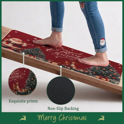 Christmas Kitchen Rugs Set of 2 Non Slip Washable Holiday Mats - Red, Tree Variation (17x30 + 17x47 inches)
