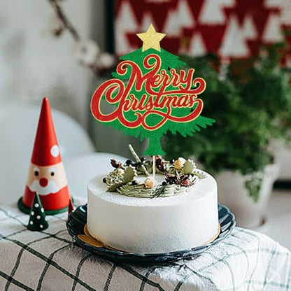 Merry Christmas Cake Topper Red Green Glitter Holiday Decoration - Red 2