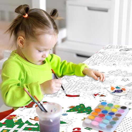 2 Pack Christmas Coloring Tablecloths - Kids Holiday Party Supplies - Santa Snowman Design, 54 x 108 inches - Variation 2